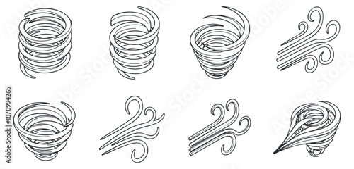 A collection of eight swirling line designs in minimalist vector style, perfect for decorative elements or creative projects