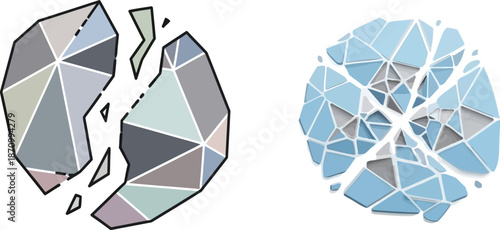 Abstract geometric fragments forming shattered spherical or circular shapes, symbolizing concepts of division, breakdown, or reconstruction, in light blue and gray tones