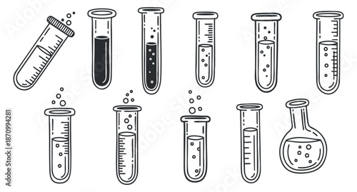 A collection of various test tubes and laboratory glassware in black and white outline vector style, ideal for educational and scientific designs