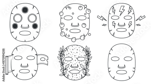 A collection of six facial masks in outline vector style, perfect for beauty and skincare projects