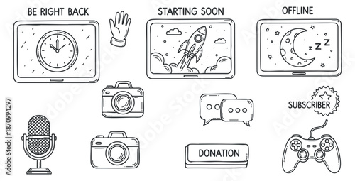 A collection of streaming status icons including ‘Be Right Back’, ‘Starting Soon’, and ‘Offline’ in minimalist line art style, suitable for digital content creation