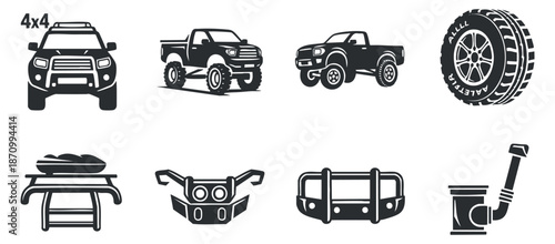 A collection of off-road vehicle icons including 4x4 trucks, tires, and accessories in black and white minimalist vector style, ideal for automotive branding and graphic design