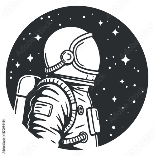 An astronaut in a space suit with a helmet and stars in a black and white vector style, suitable for science and technology themes