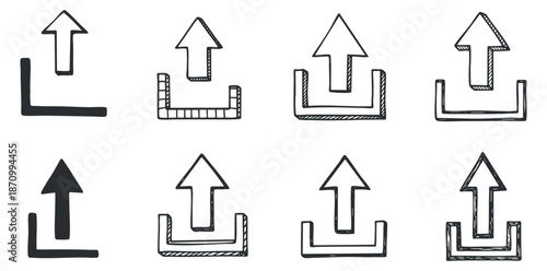 A collection of hand-drawn arrows pointing up and down in black and white sketch style, suitable for design and navigation projects