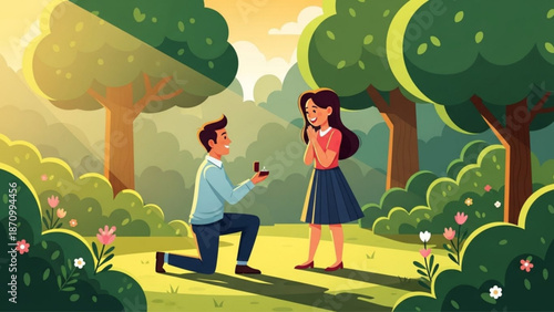 Man Proposing to Woman in Serene Park during Sunset