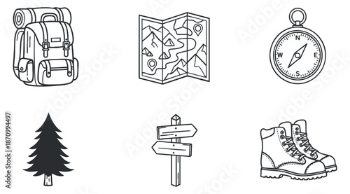 A collection of outdoor adventure icons including a backpack, map, compass, tree, signpost, and hiking boots in black and white outline vector style