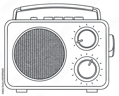 A vintage radio illustration in black and white outline vector style, perfect for music and technology designs
