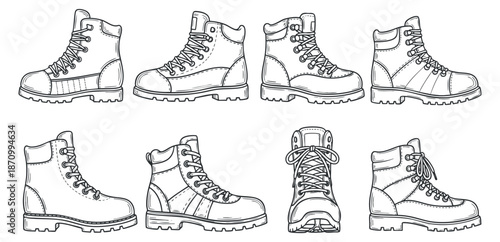 A collection of eight stylish hiking boots in black and white outline vector style, ideal for outdoor apparel design
