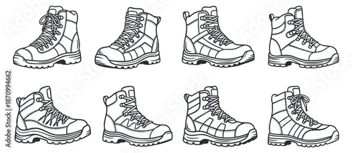 A collection of hiking boots and outdoor footwear in black and white line art vector style, perfect for adventure-themed designs