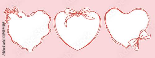 Hand-drawn red ribbon bows on heart-shaped frames, isolated on a light pink background. Perfect for Valentine's Day, wedding, and love concepts.