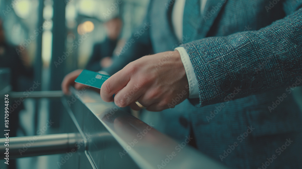 Obraz premium A man in a blue suit using a credit card to pass through a turnstile