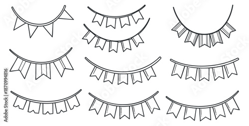A collection of decorative banner garlands in outline minimalist vector style, perfect for festive event design and celebrations