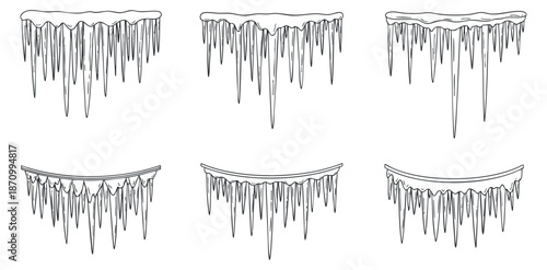 A set of six icicles in outline vector style, perfect for winter-themed designs and seasonal decorations