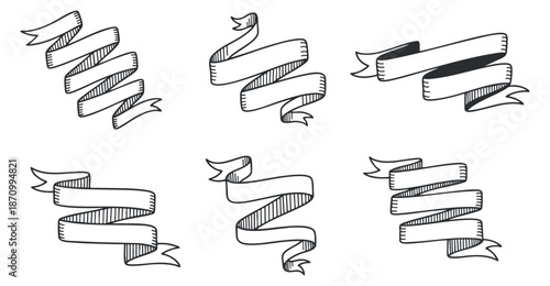 A collection of hand-drawn decorative ribbons in black and white vector style, ideal for graphic design and branding projects