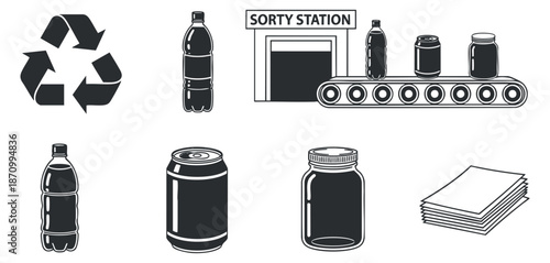 A set of recycling icons including bottles, cans, and paper in black and white minimalist vector style, ideal for environmental projects