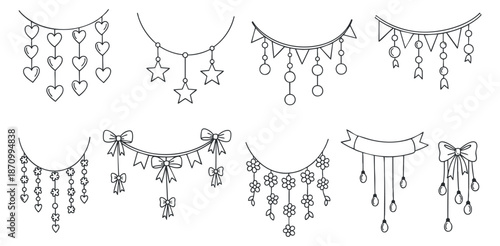 A collection of hanging ornaments including hearts, stars, bows, and flowers in minimalist line art vector style, perfect for decorative designs and crafts
