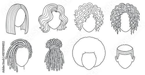 A collection of diverse hairstyles including straight, curly, and braided designs in minimal black and white vector style, perfect for beauty and fashion projects
