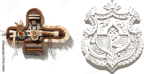 Cross-shaped and shield-shaped emblems with intricate textured details and artistic craftsmanship