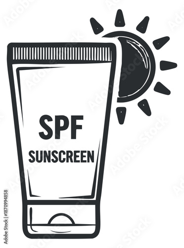 A sunscreen tube labeled 'SPF SUNSCREEN' with a sun icon in black and white outline vector style, ideal for skincare and health projects