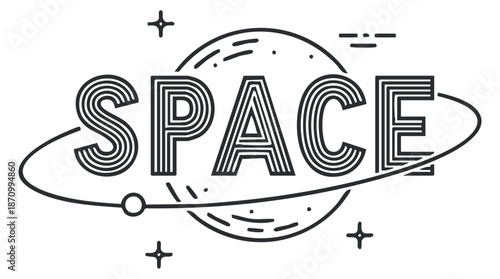 A stylized word 'SPACE' integrated with a planet and stars in outline vector style, perfect for educational and creative projects