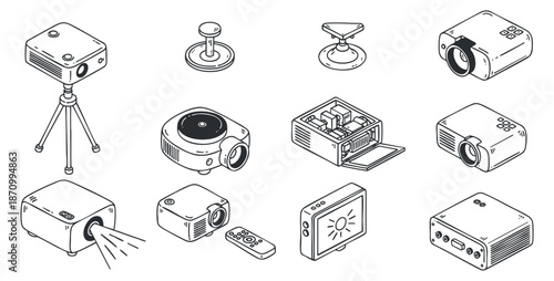 A collection of various projectors and their components in clean outline vector style, ideal for technology and design projects