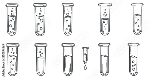 A collection of ten laboratory test tubes in outline vector style, ideal for educational and scientific projects