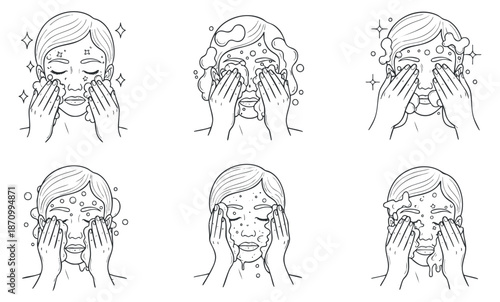 A set of six outline illustrations depicting a person washing their face with cleanser in minimalist vector style, ideal for skincare and beauty branding