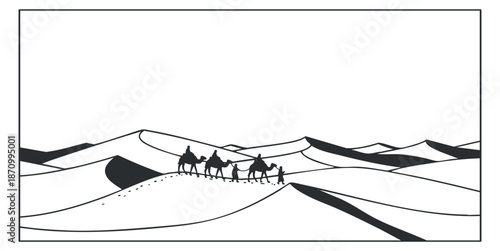 A group of camels trekking across sand dunes in black and white minimalist vector style, ideal for travel and adventure themes