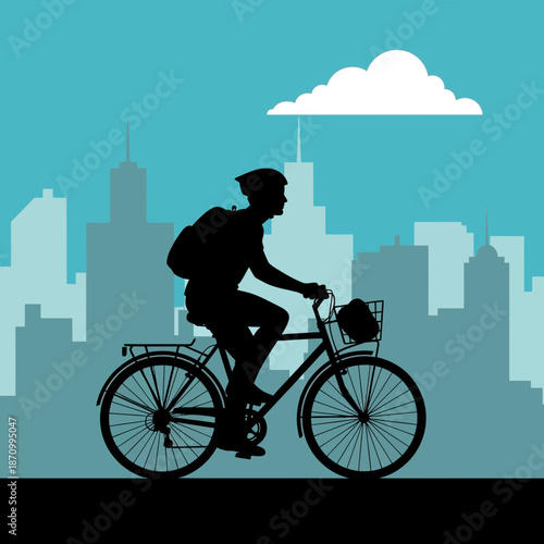 Cyclist riding bike in city with backpack