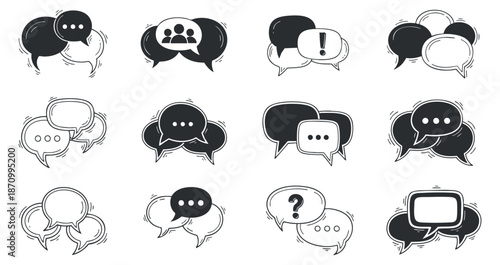 A collection of various speech bubbles with different icons and symbols in black and white outline vector style, suitable for communication and social media design
