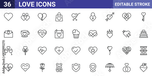 Valentine Love Icons Set Editable Stroke – Heart, Cupid, Ring, Rose, Gift, Wedding, Cake, Key, Lock, Envelope, Arrow, Teddy, Calendar, Cup, Balloon Vector Line Icons