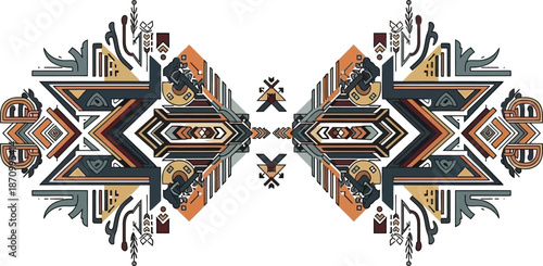 Symmetrical geometric tribal pattern with intricate details in earthy tones