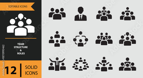Modern editable icons representing team structure, organizational roles, and human resources