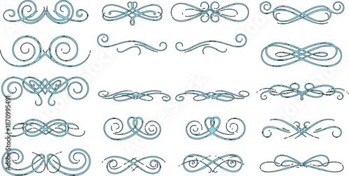 image features a grid layout of 16 decorative swirl design elements, each in a teal color. Arranged in four rows and four columns, these ornate flourishes are likely intended for use in graphic design
