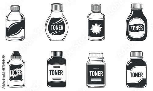 A collection of toner bottles in black and white minimalist vector style, ideal for beauty and skincare branding