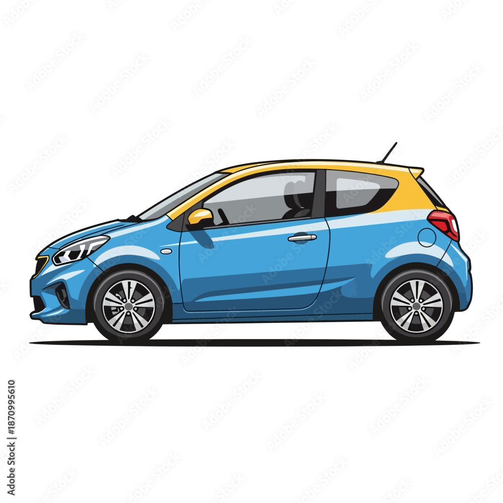 Fototapeta premium Blue car with yellow roof on white background