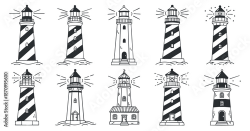 A collection of ten lighthouse illustrations in black and white vector style, perfect for nautical-themed designs and maritime projects