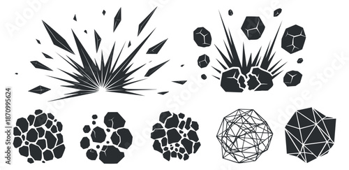 A collection of explosion and debris illustrations in black and white geometric vector style, suitable for graphic design projects