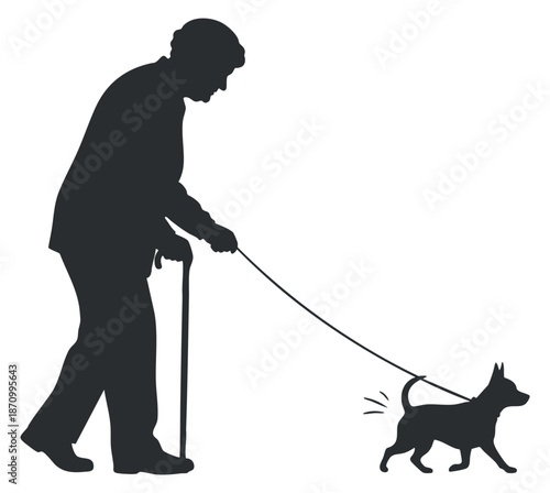 An elderly man walking a small dog on a leash in a simple black silhouette style, ideal for pet care and lifestyle themes