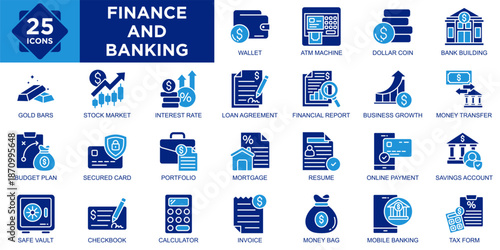 Finance And Banking icon collection set. Containing Wallet, ATM Machine, Dollar Coin, Bank Building, Safe Vault, Checkbook, Calculator, Invoice, Money Bag, Mobile Banking icon