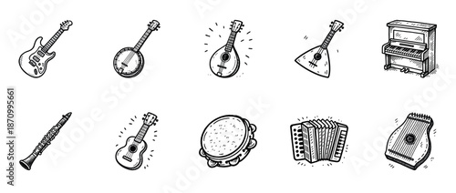 Hand-drawn musical instruments collection: guitar, banjo, piano, clarinet, tambourine