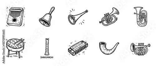 Hand-drawn musical instruments collection: kalimba, bell, trumpet, harmonica, shakuhachi