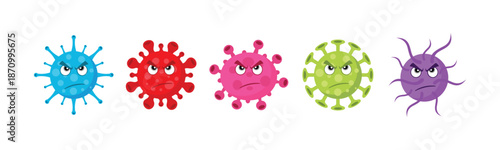 Set of cartoon virus and bacteria icons. Collection of virus illustrations with different colors and shapes for medical, healthcare, biology, infection, pandemic and disease awareness.