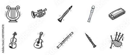 Collection of musical instruments: harp, trumpet, clarinet, recorder, harmonica, violin, guitar, oboe, bagpipes