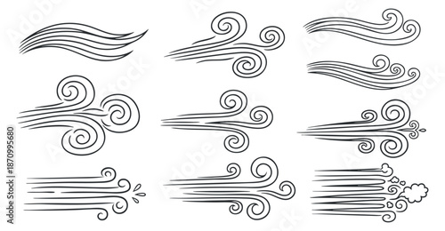 A set of decorative wind and air flow elements in black outline vector style, suitable for graphic design and illustrations