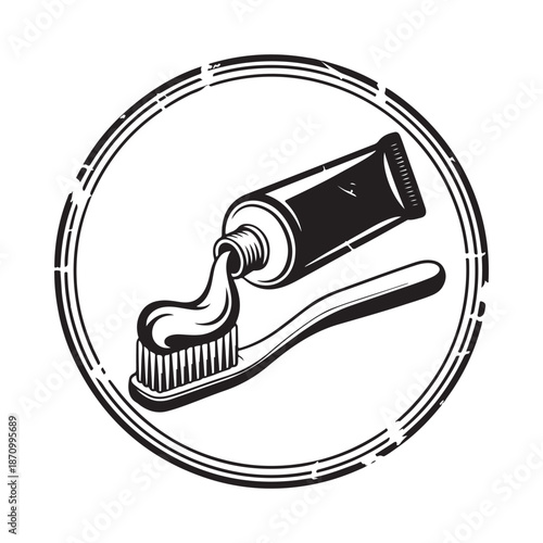 Vintage style illustration of a toothbrush with toothpaste presented within a circular frame