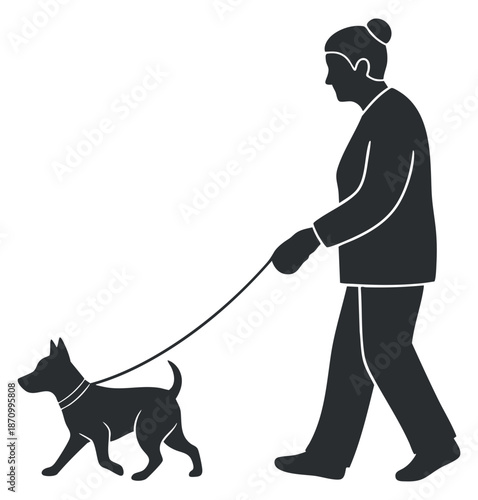 A woman walking a dog in a minimalist black silhouette vector style, suitable for pet-related branding and illustrations
