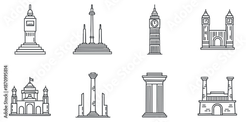 A collection of iconic landmarks and monuments in minimalist black and white outline vector style, suitable for travel-themed designs
