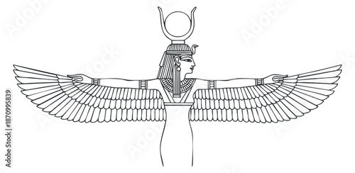 A winged goddess with outstretched arms in black and white outline vector style, ideal for mythology and cultural designs