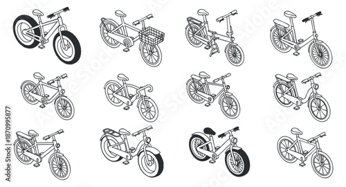 A collection of various bicycle illustrations in black and white outline vector style, perfect for transportation and fitness designs